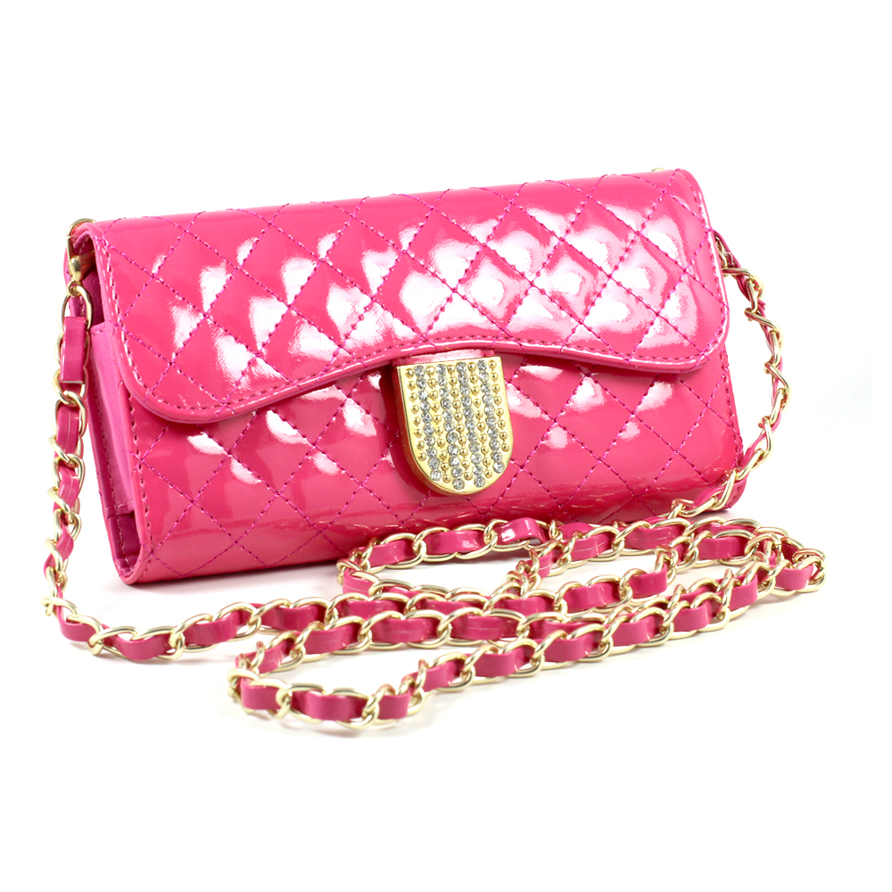iPhone 6 Plus Note 4 Universal Diamond Flip Wallet Strap PURSE Case (Hot Pink)